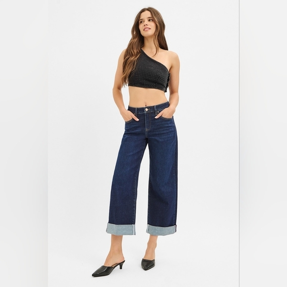 Risen Jeans Denim - RISEN Mid Rise Deep Dark Wash Wide Leg Rolled Cuffed Ankle Jeans Various NEW